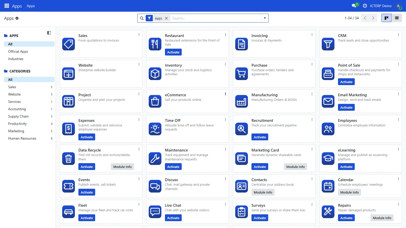 The ICTERP Apps screen with branded icons for Sales, CRM, Inventory, Purchase, Manufacturing and more