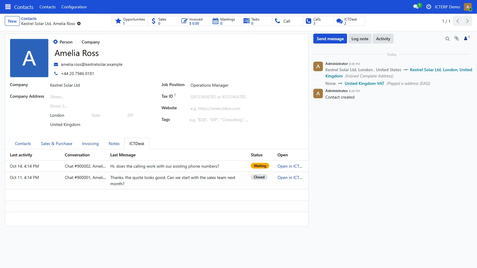 A contact in ICTERP with an ICTDesk tab listing a waiting chat and a closed chat