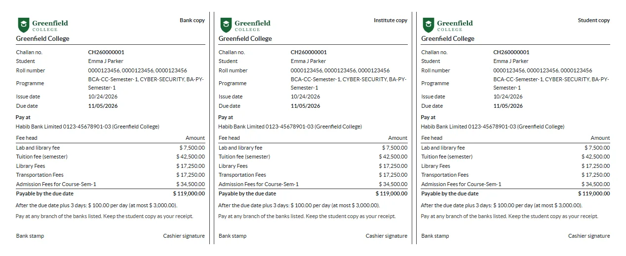 A three-copy fee challan with bank, institute and student copies