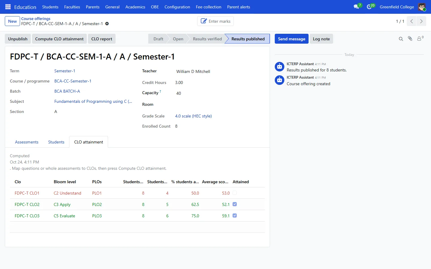CLO attainment for a course: CLO, Bloom level, PLOs, students attained and whether the class attained