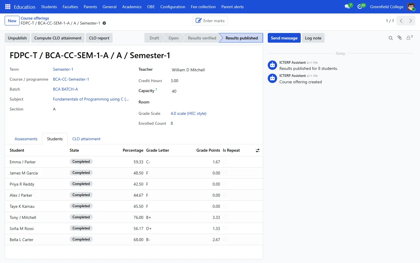 The Students tab with percentage, grade letter and grade points for each student