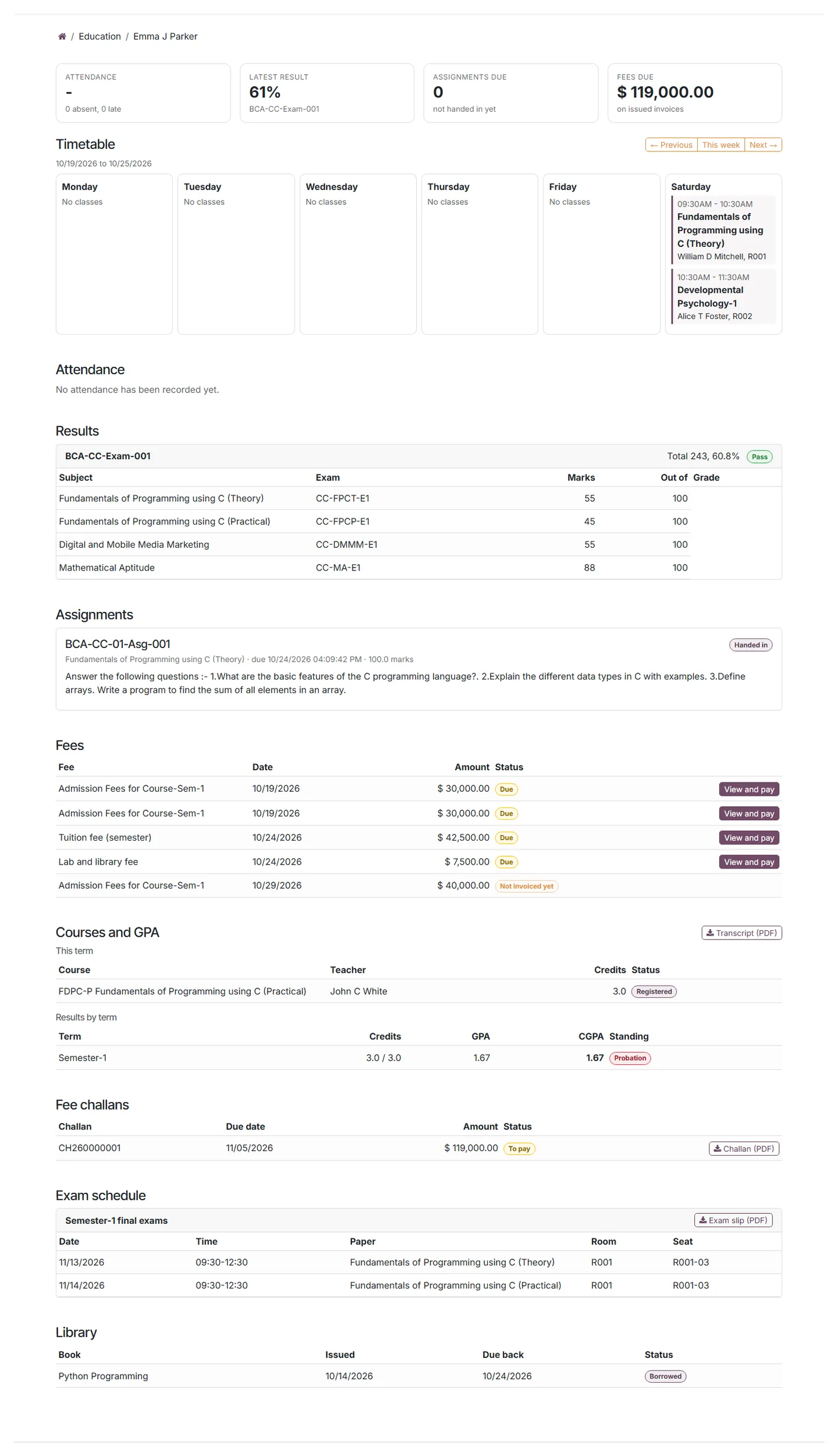 The student portal page with attendance, timetable, results, fees, GPA, challans, exam schedule and library
