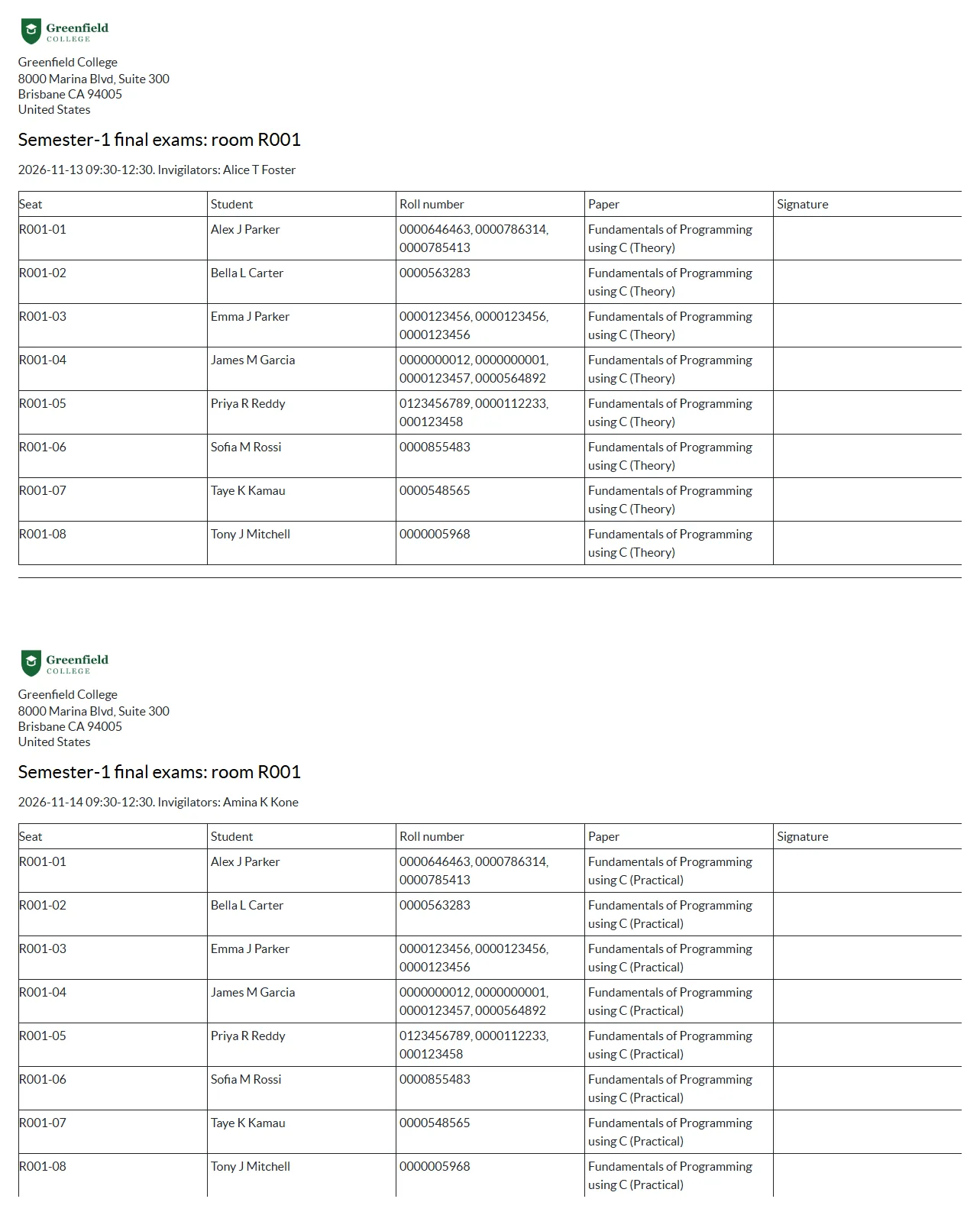 A seating plan PDF per room with seat, student, roll number and paper