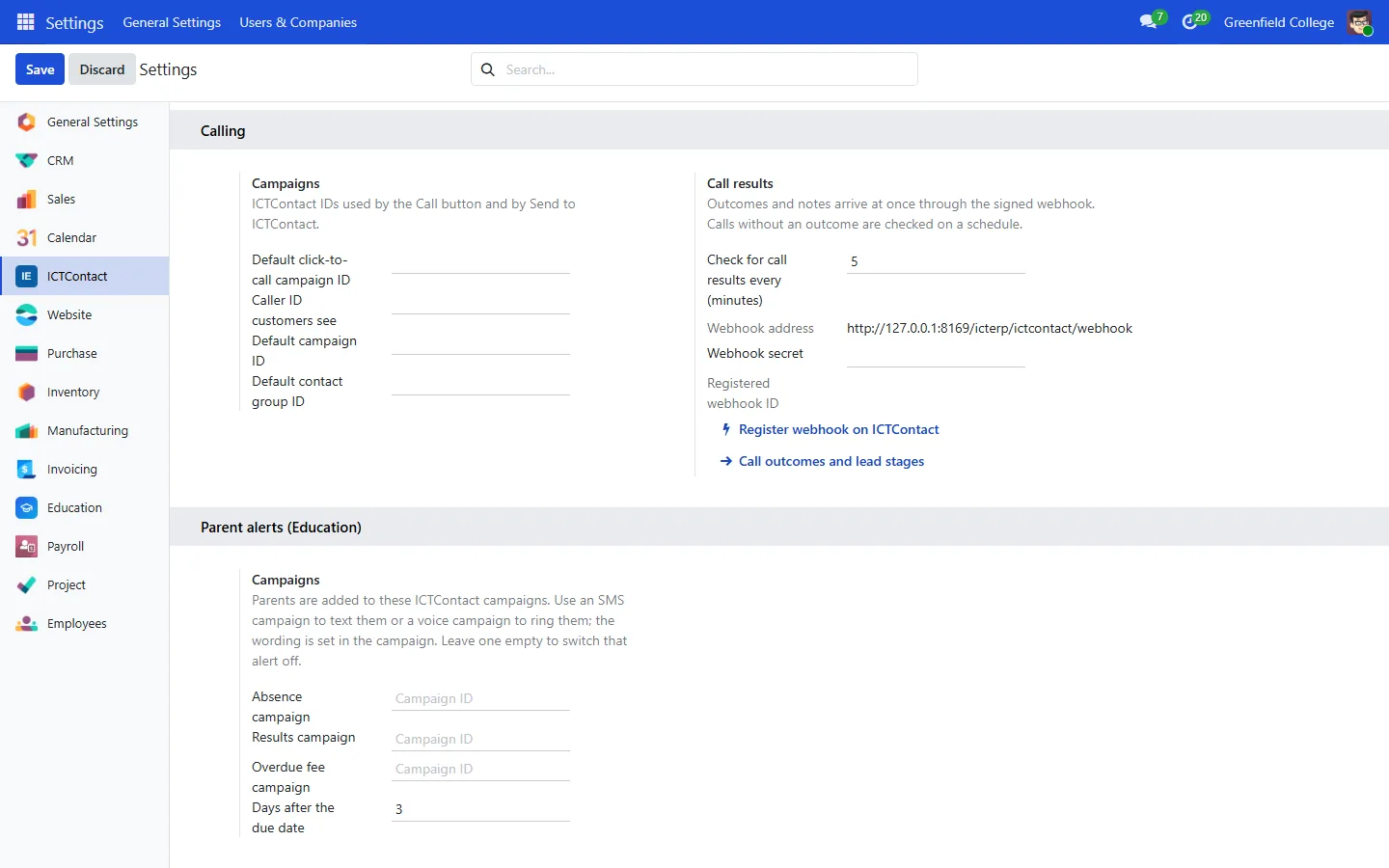 The Parent alerts settings with campaign IDs for absence, results and overdue fees