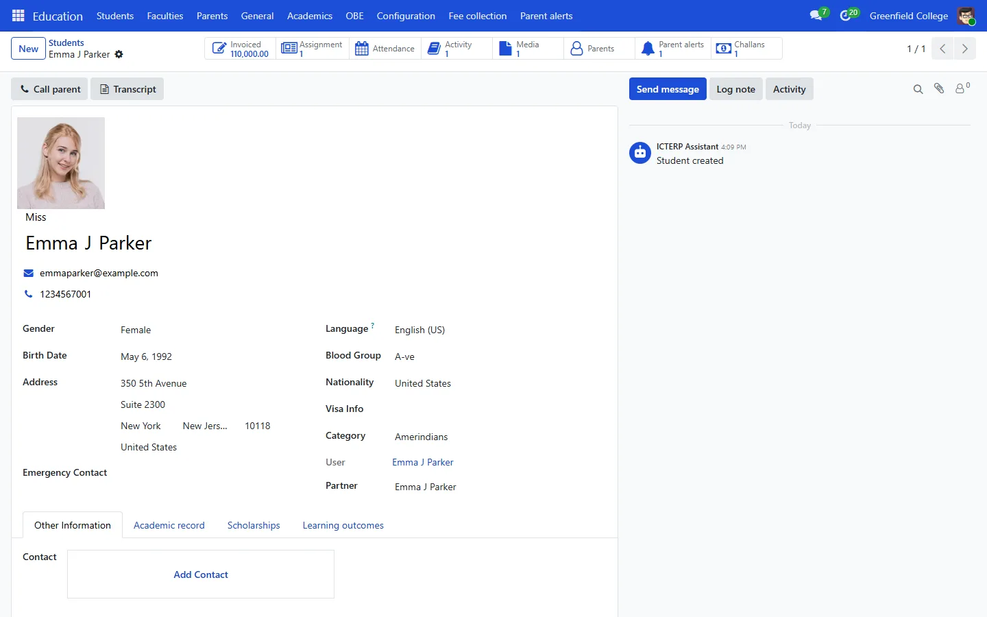 A student record with photo, contact details, Call parent and Transcript buttons