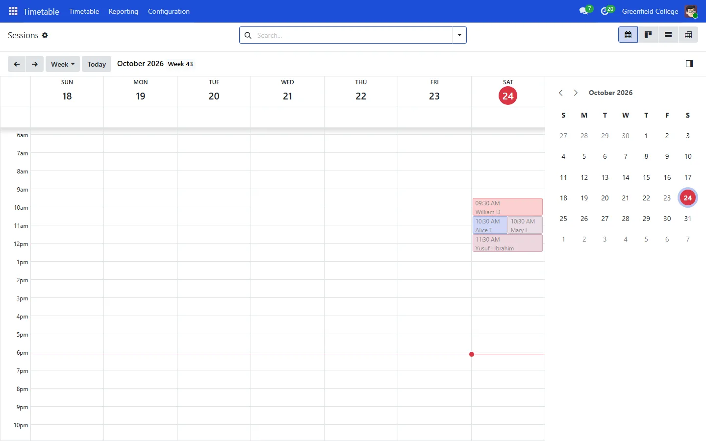 The weekly timetable calendar with sessions for each teacher