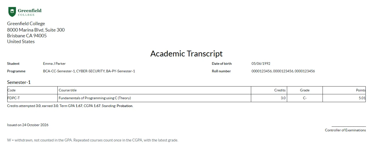An academic transcript PDF with courses, credits, grades, GPA and CGPA