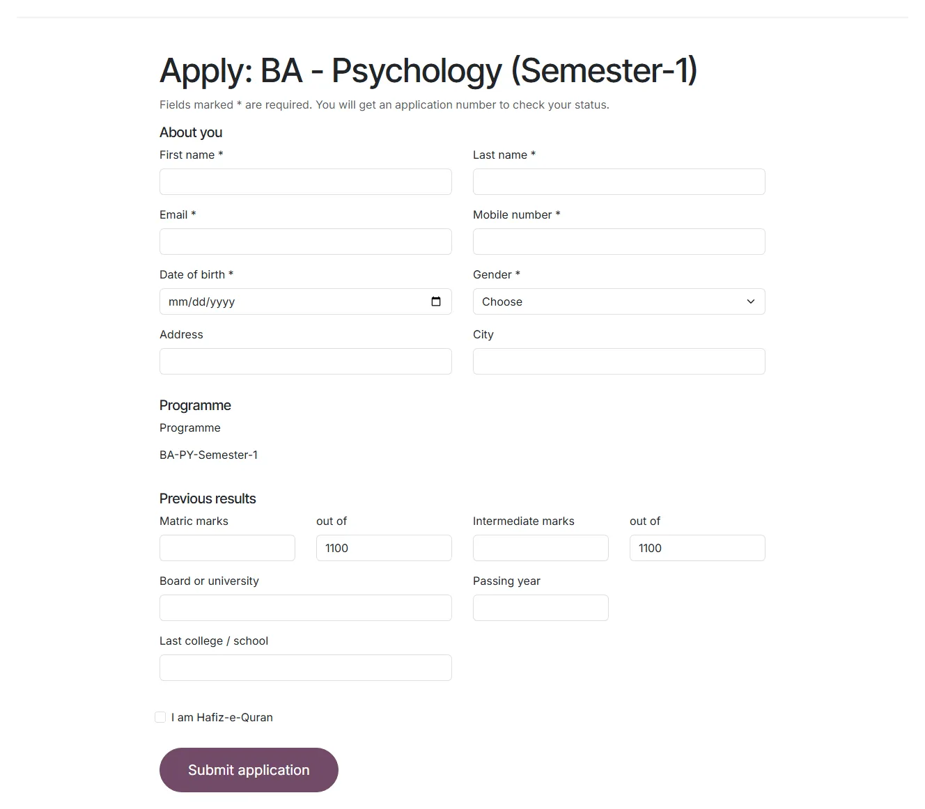 The online application form with personal details and previous results
