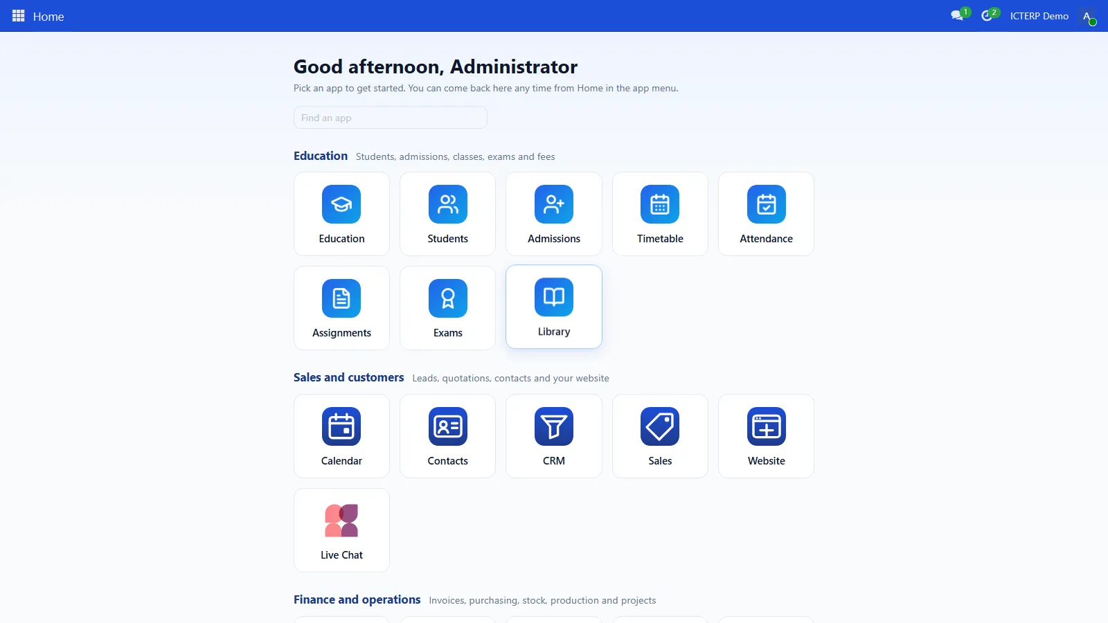 The ICTERP Home page with app tiles grouped into Education and Sales and customers