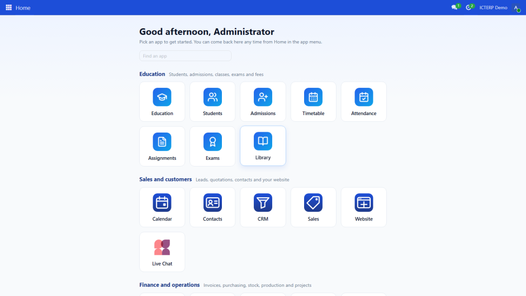 The ICTERP Home page with app tiles grouped into sections